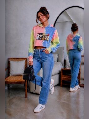 Tie-Dye Anime Graphic Hoodie in Pink, Blue & Yellow